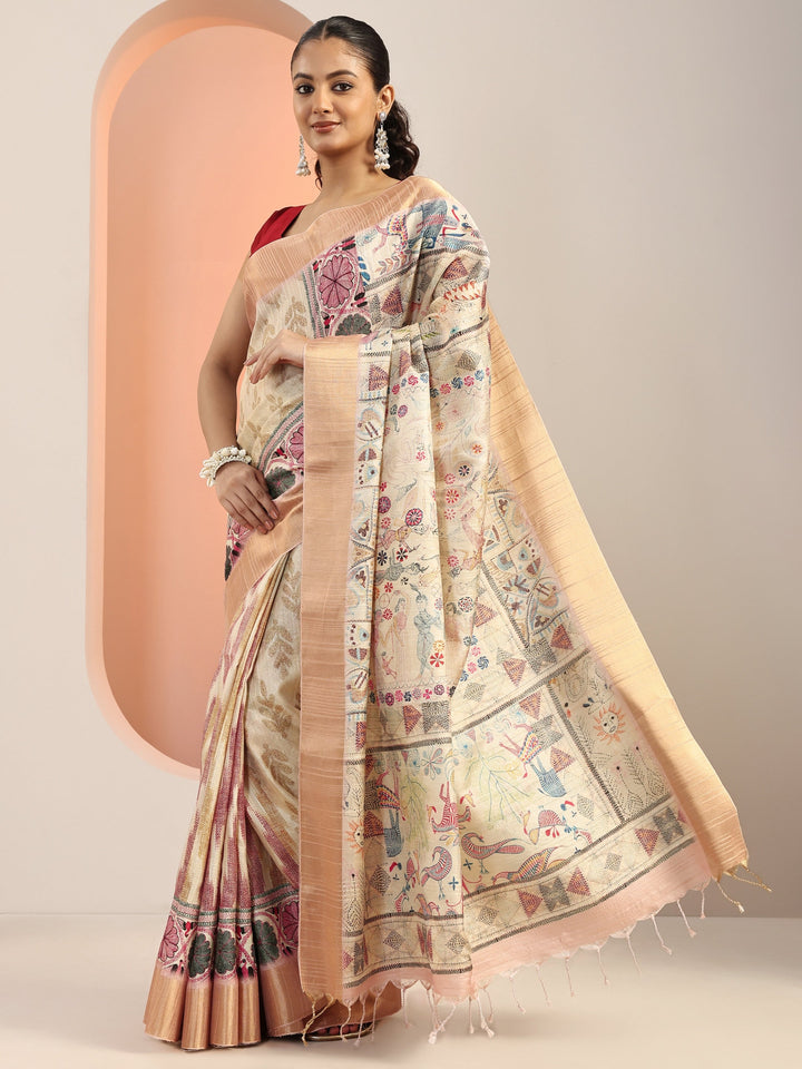 Off White Kalamkari Printed Silk Blend Saree With Unstitched Blouse Piece