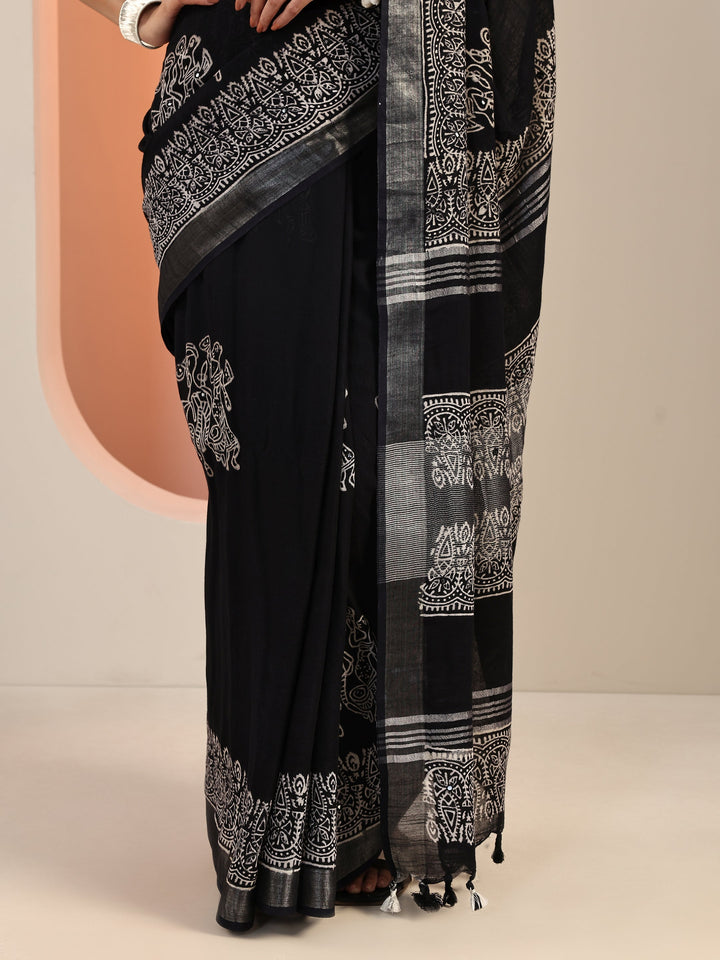 Black Printed Cotton Saree With Unstitched Blouse Piece