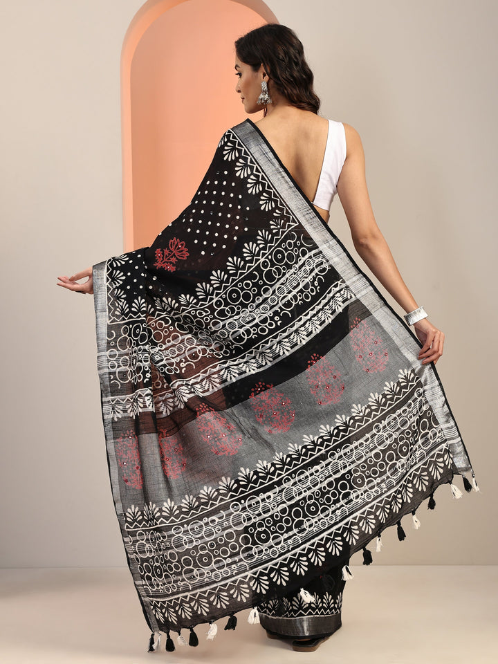 Black Printed Cotton Saree With Unstitched Blouse Piece
