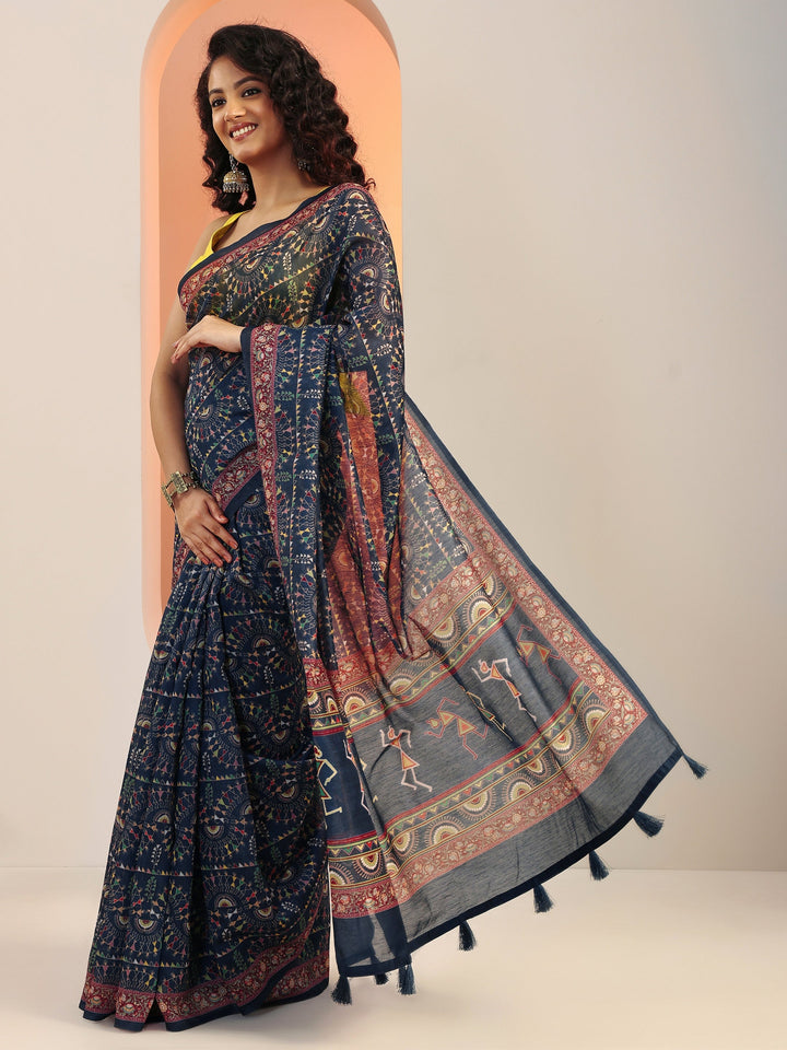 Navy Blue Printed Silk Blend Saree With Unstitched Blouse Piece