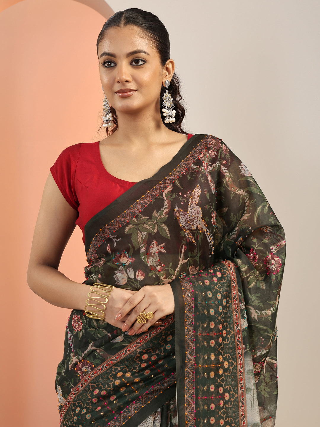 Green Printed Silk Blend Saree With Unstitched Blouse Piece