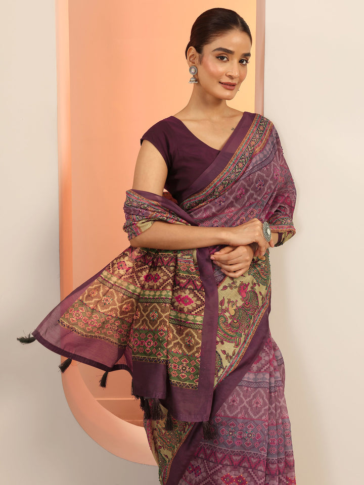 Lavender Printed Silk Saree With Unstitched Blouse Piece