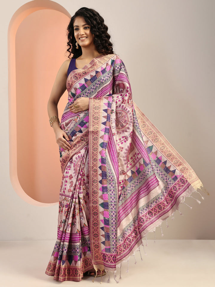 Lavender Printed Silk Blend Saree With Unstitched Blouse Piece
