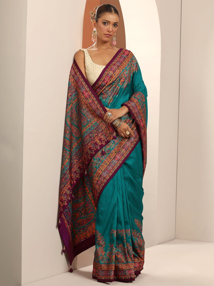 Teal Printed Silk Blend Saree With Unstitched Blouse Piece