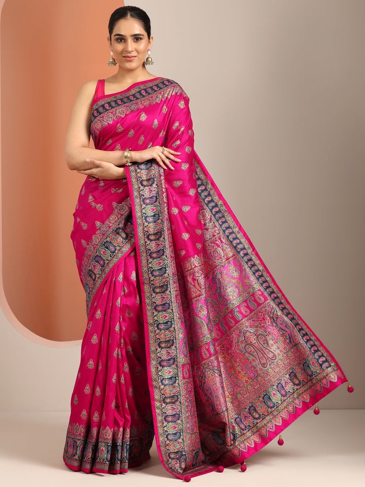 Pink Printed Silk Blend Saree With Unstitched Blouse Piece