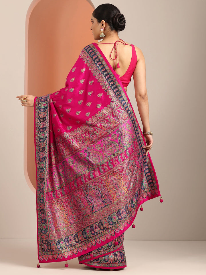 Pink Printed Silk Blend Saree With Unstitched Blouse Piece