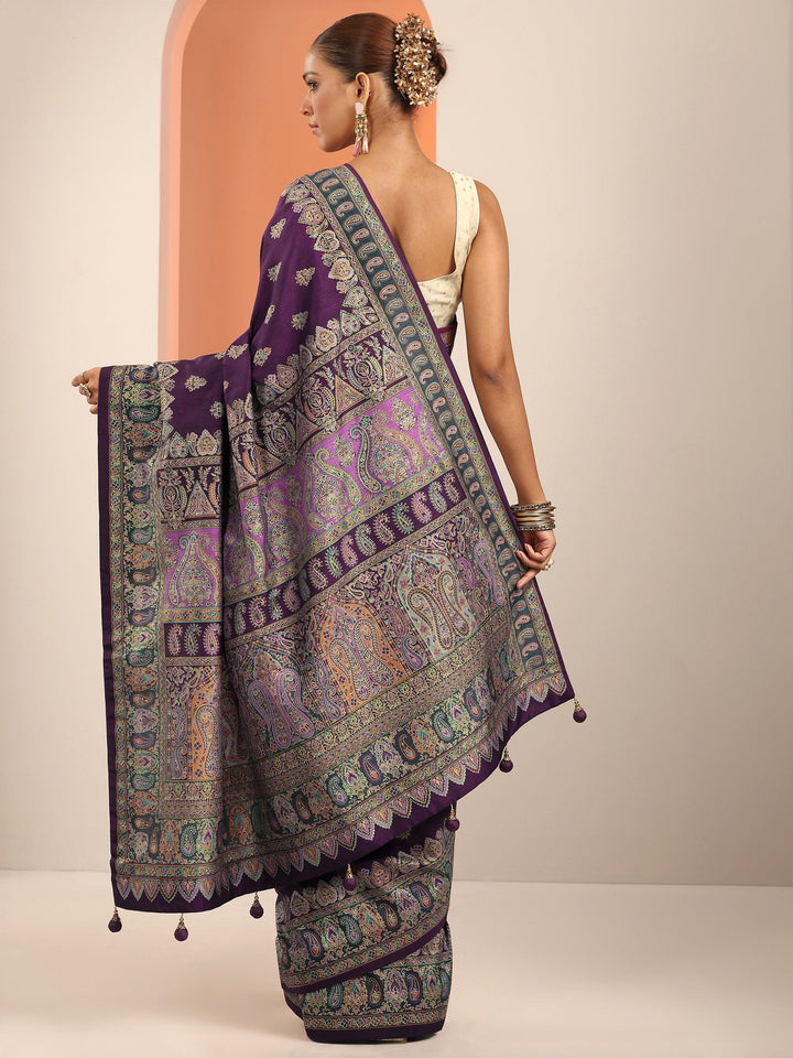 Purple Printed Silk Blend Saree With Unstitched Blouse Piece