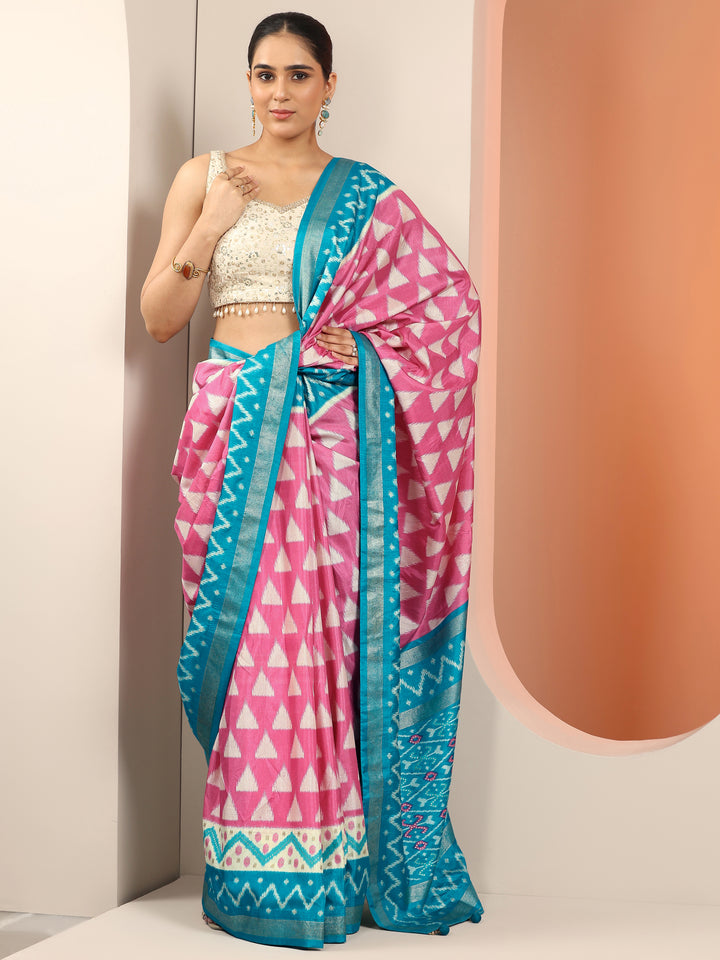 Pink Printed Silk Blend Saree With Unstitched Blouse Piece