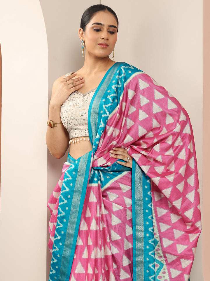 Pink Printed Silk Blend Saree With Unstitched Blouse Piece