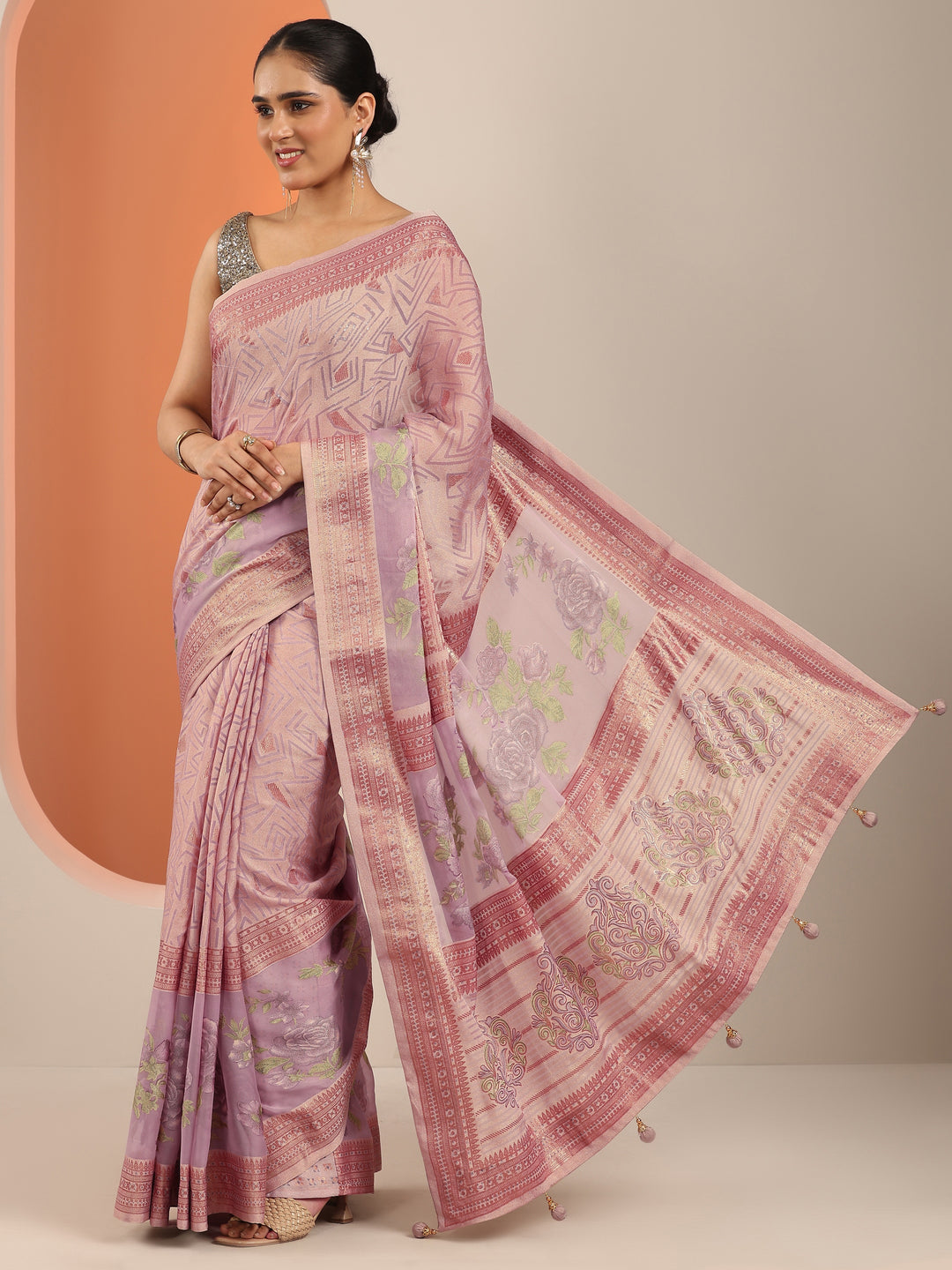 Mauve Printed Georgette Saree With Unstitched Blouse Piece