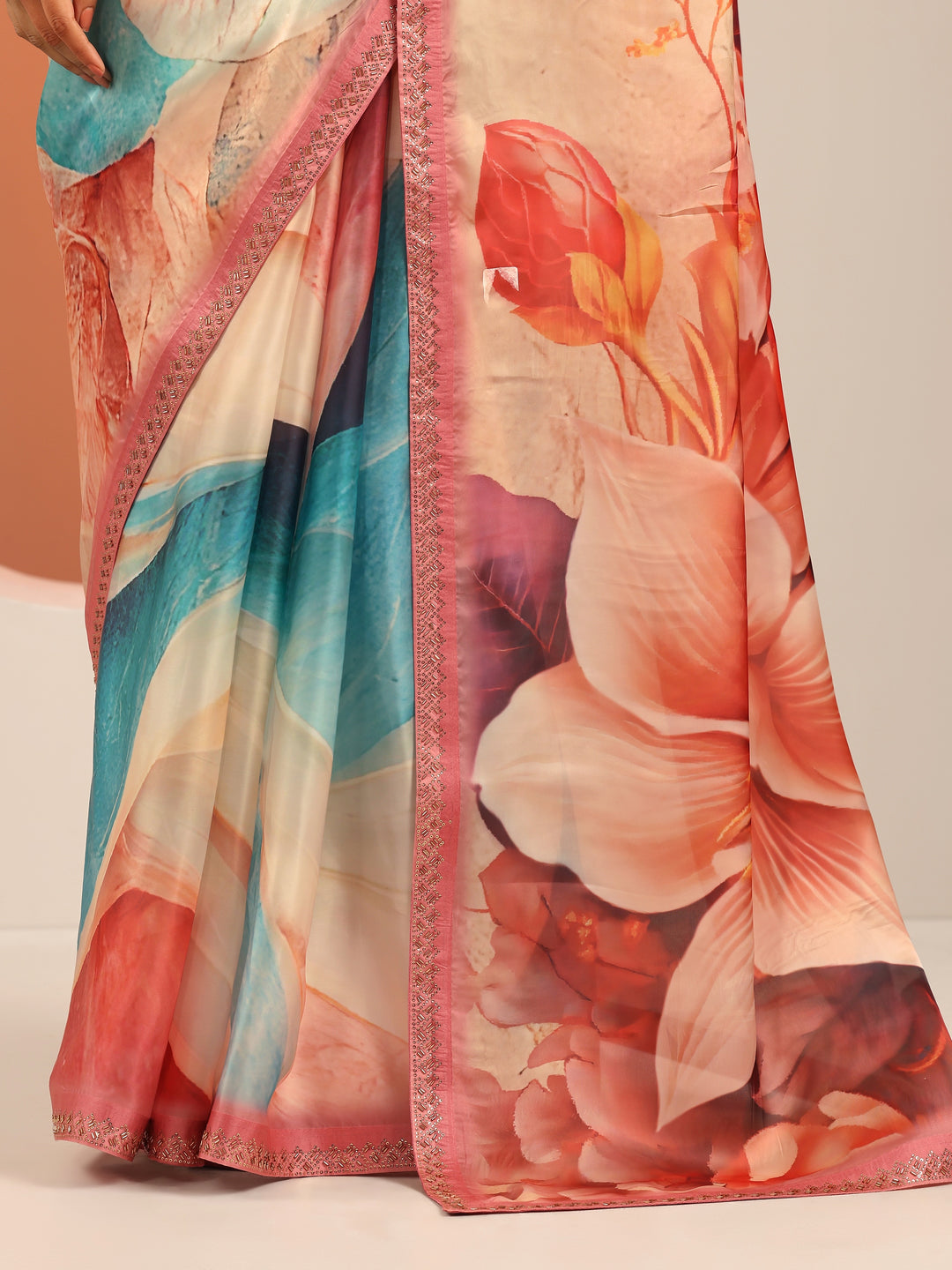 Peach Printed Organza Saree With Unstitched Blouse Piece