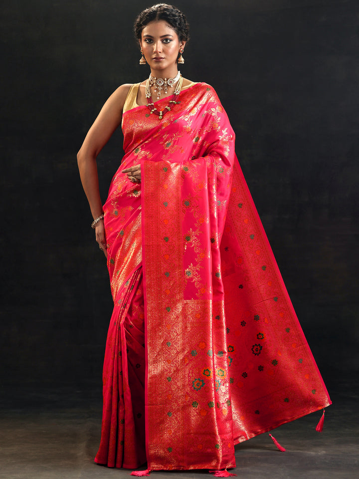 Pink Woven Design Banarasi Silk Blend Saree With Unstitched Blouse Piece