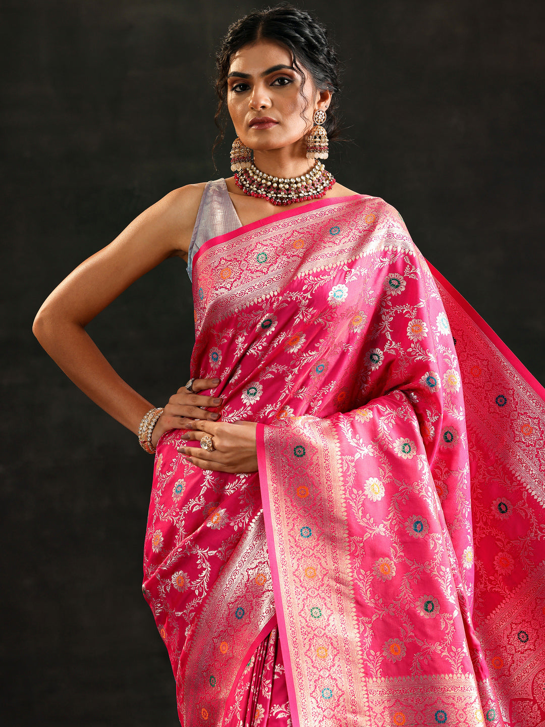 Pink Woven Design Banarasi Silk Blend Saree With Unstitched Blouse Piece