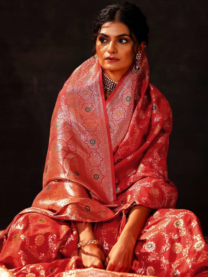 Rust Woven Design Silk Blend Saree With Unstitched Blouse Piece