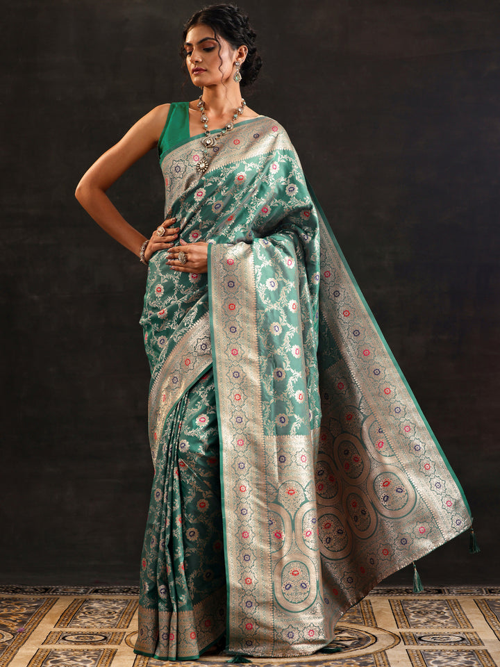 Green Woven Design Silk Blend Saree With Unstitched Blouse Piece