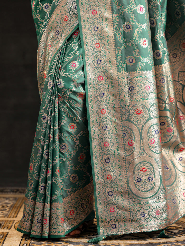Green Woven Design Silk Blend Saree With Unstitched Blouse Piece