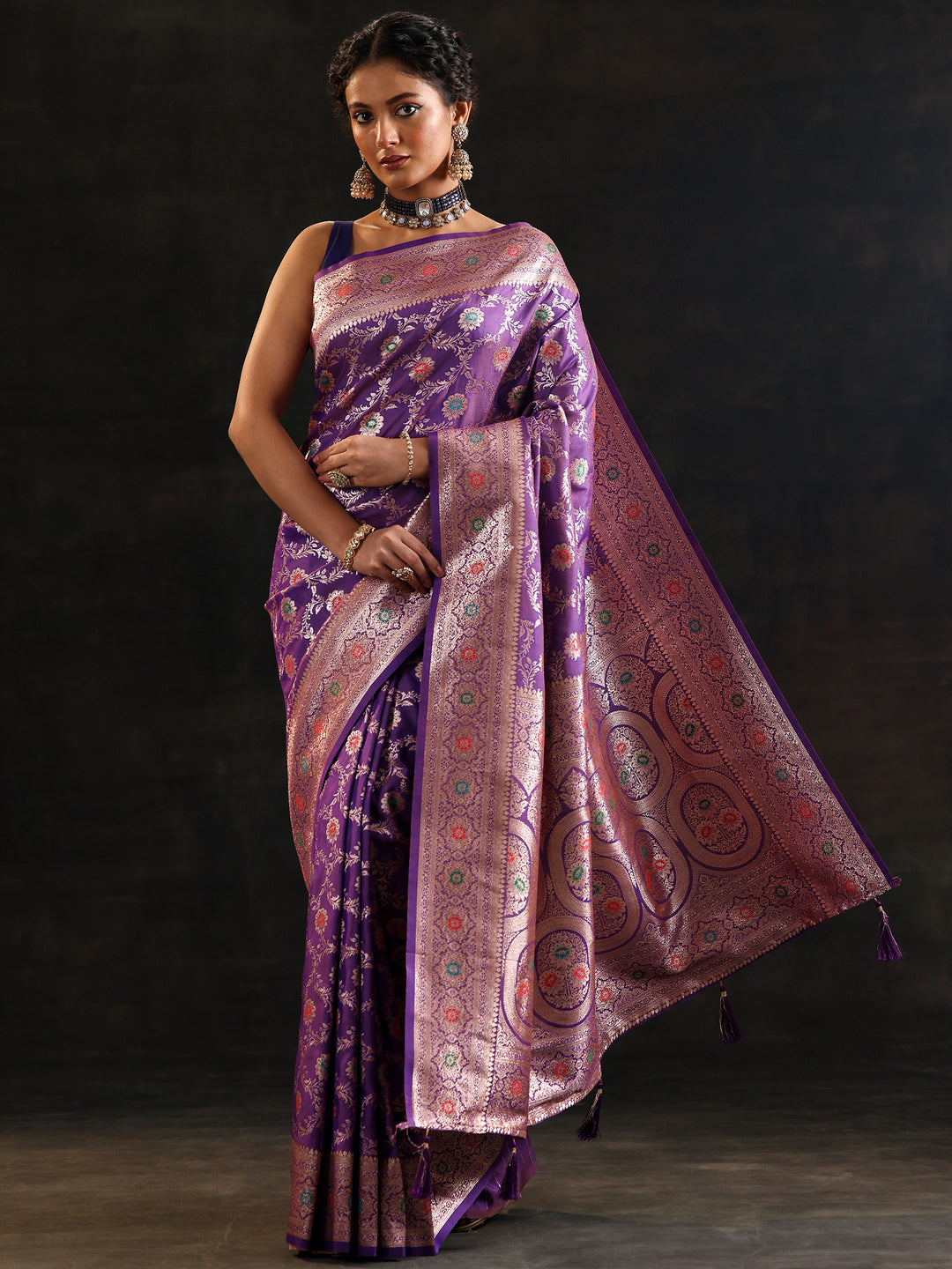 Purple Woven Design Silk Blend Saree With Unstitched Blouse Piece