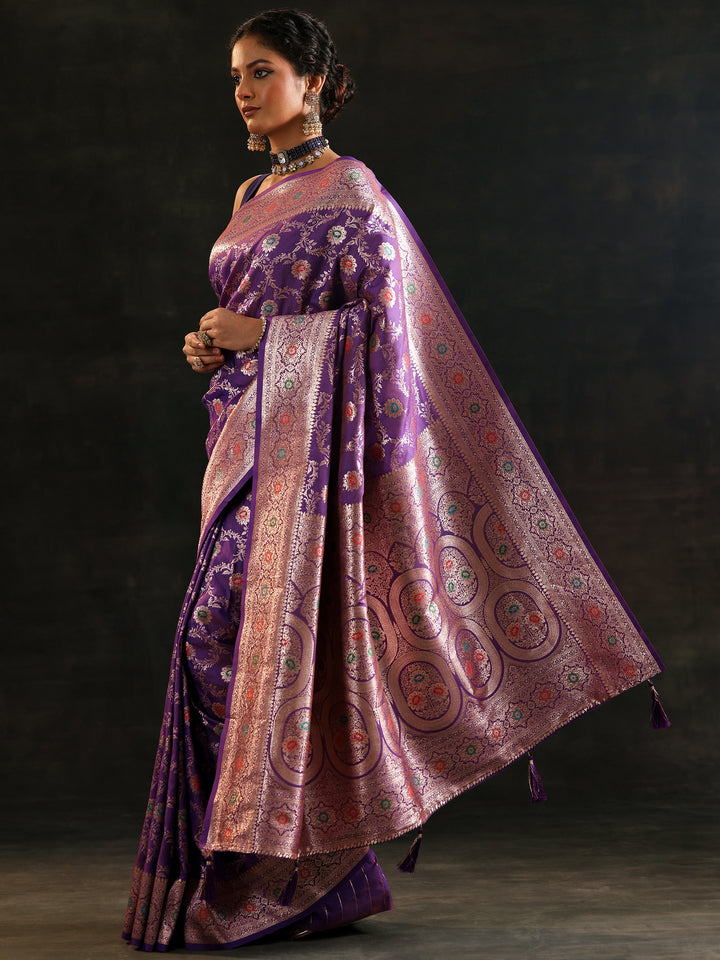 Purple Woven Design Silk Blend Saree With Unstitched Blouse Piece