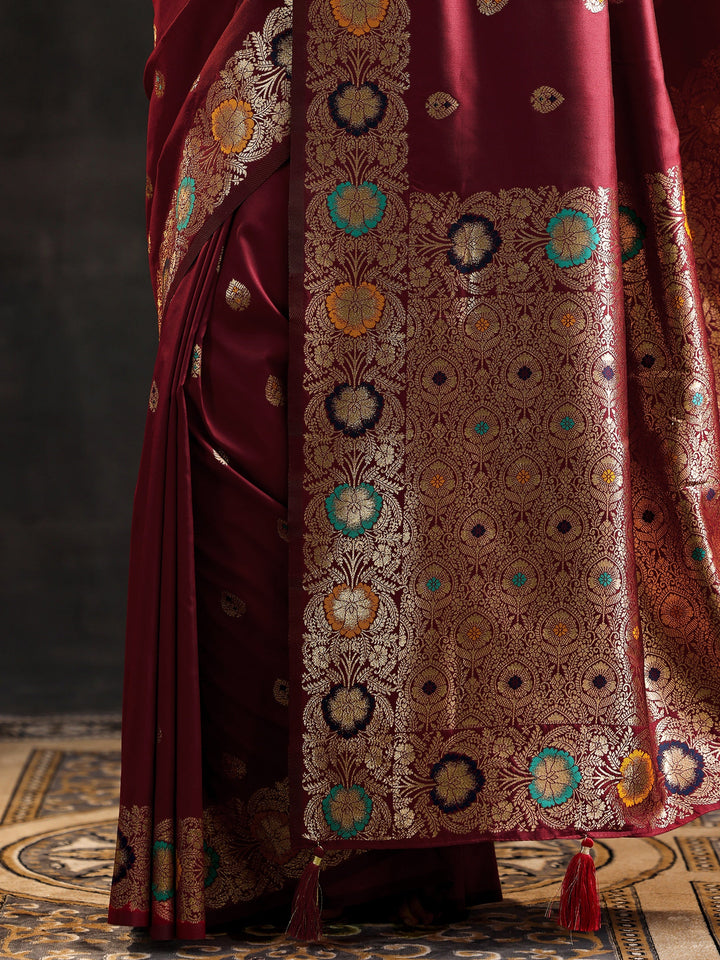 Maroon Woven Design Silk Blend Saree With Unstitched Blouse Piece