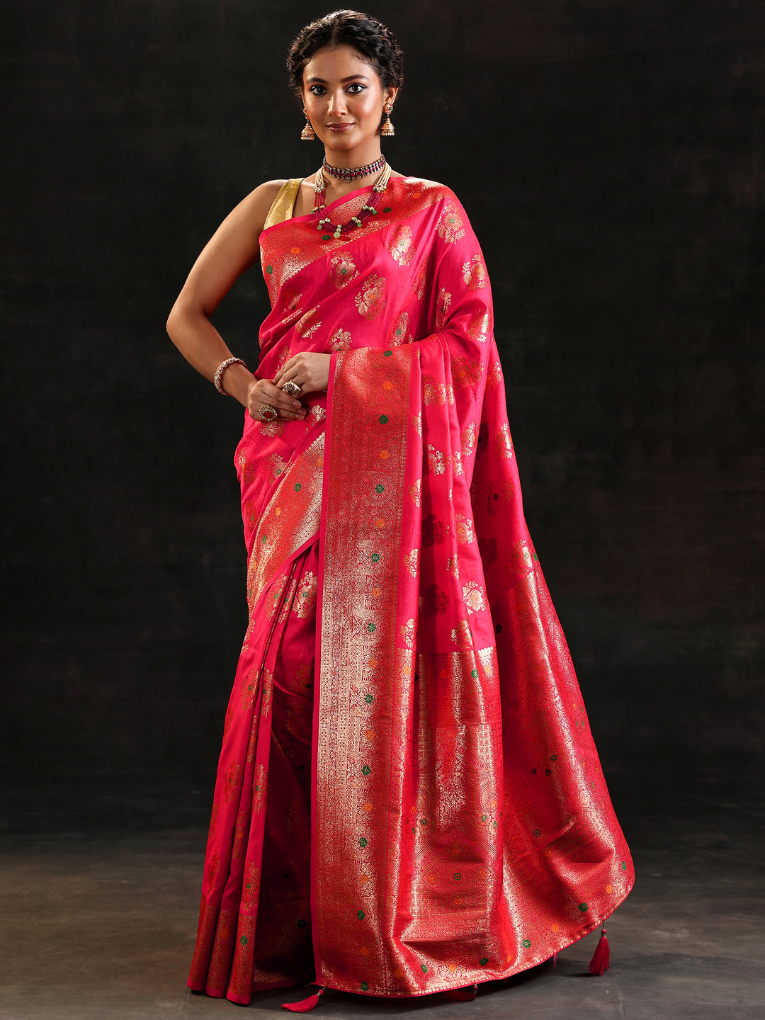 Pink Woven Design Silk Blend Saree With Unstitched Blouse Piece