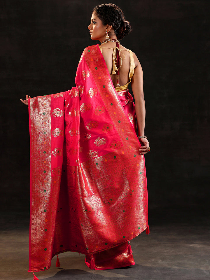 Pink Woven Design Silk Blend Saree With Unstitched Blouse Piece