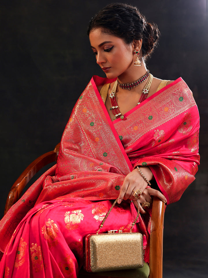 Pink Woven Design Silk Blend Saree With Unstitched Blouse Piece