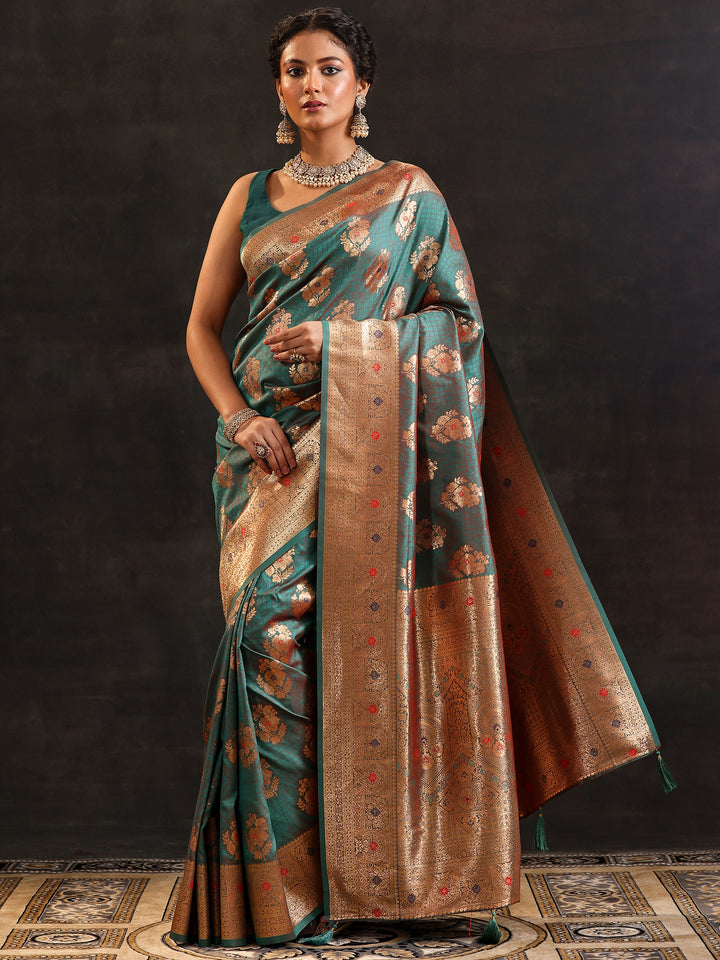 Green Woven Design Silk Blend Saree With Unstitched Blouse Piece
