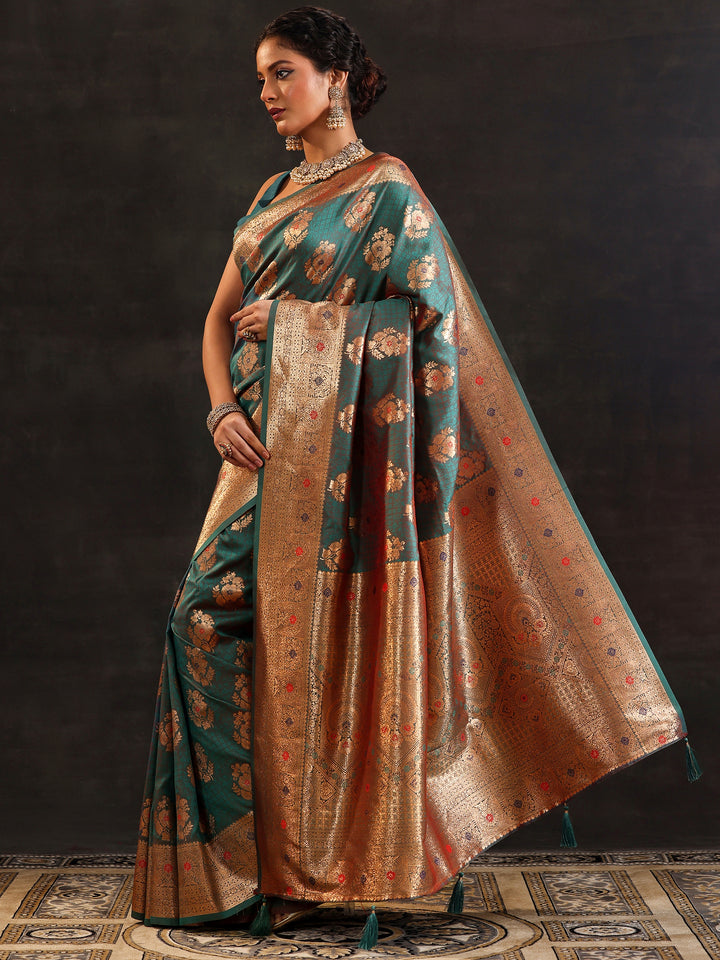 Green Woven Design Silk Blend Saree With Unstitched Blouse Piece