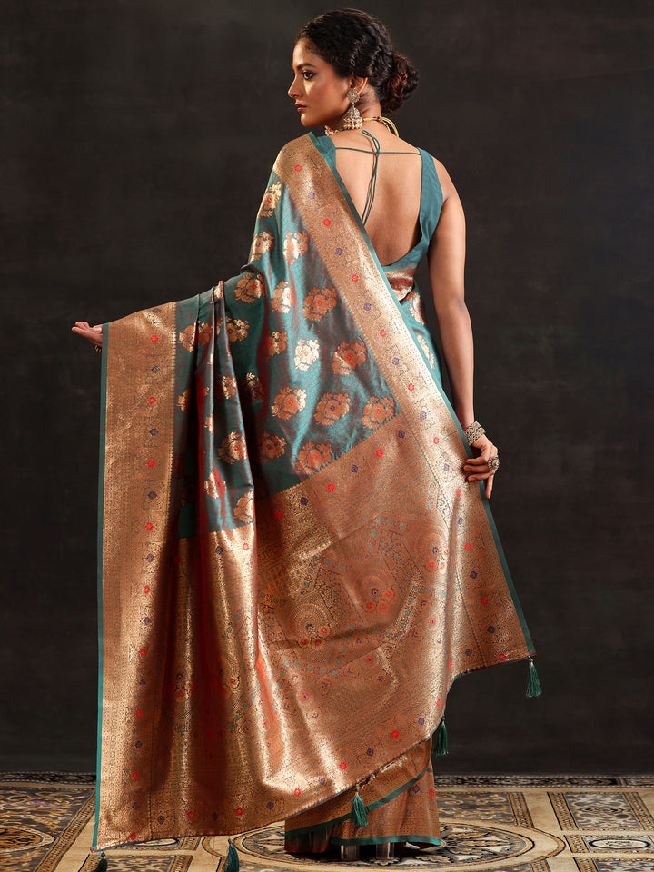 Green Woven Design Silk Blend Saree With Unstitched Blouse Piece