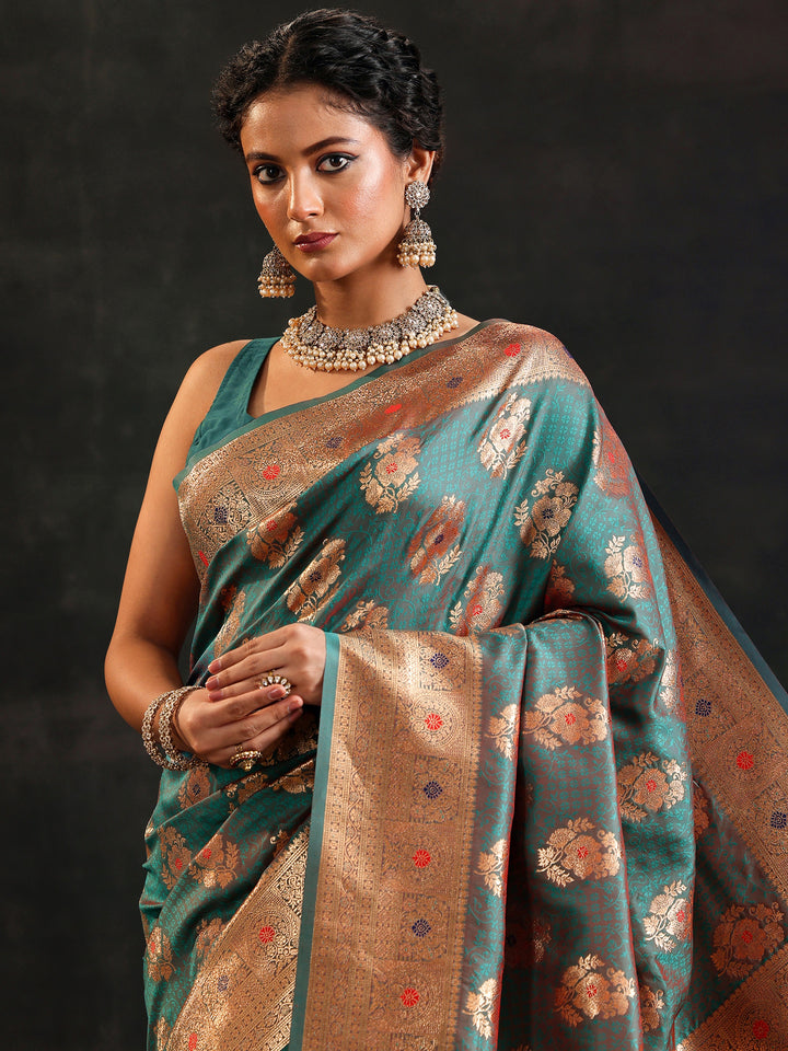 Green Woven Design Silk Blend Saree With Unstitched Blouse Piece