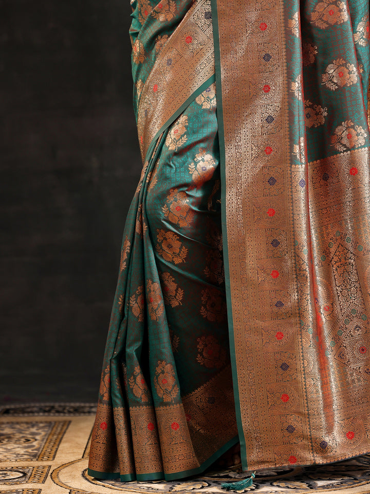 Green Woven Design Silk Blend Saree With Unstitched Blouse Piece