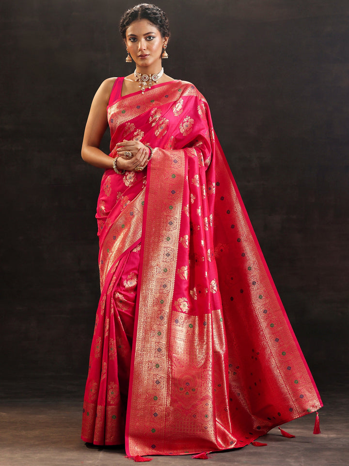 Pink Woven Design Silk Blend Saree With Unstitched Blouse Piece