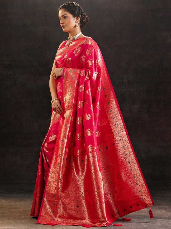 Pink Woven Design Silk Blend Saree With Unstitched Blouse Piece