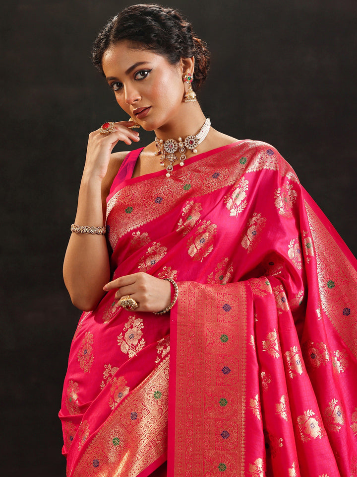Pink Woven Design Silk Blend Saree With Unstitched Blouse Piece