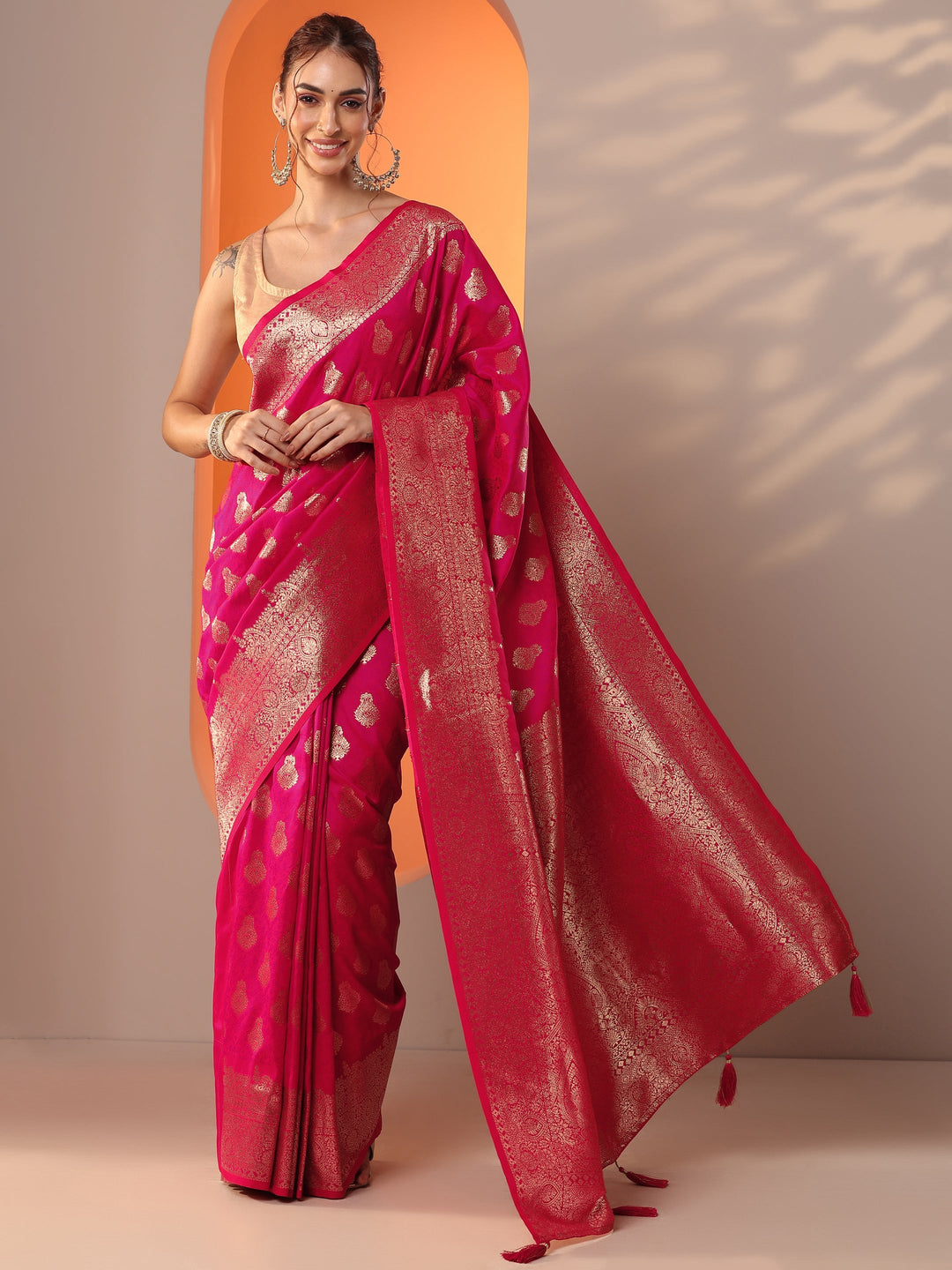 Pink Woven Design Silk Blend Saree With Unstitched Blouse Piece