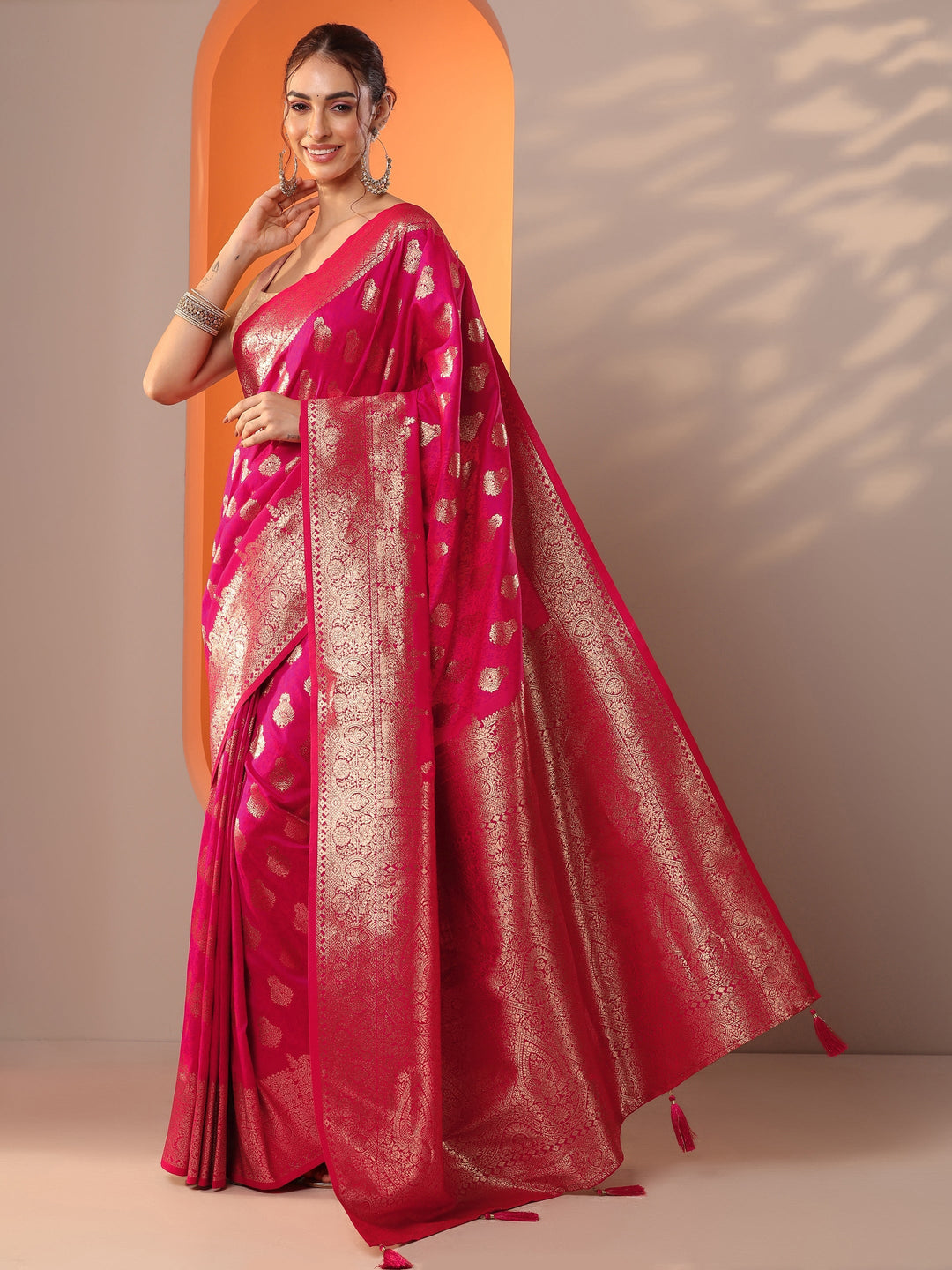 Pink Woven Design Silk Blend Saree With Unstitched Blouse Piece