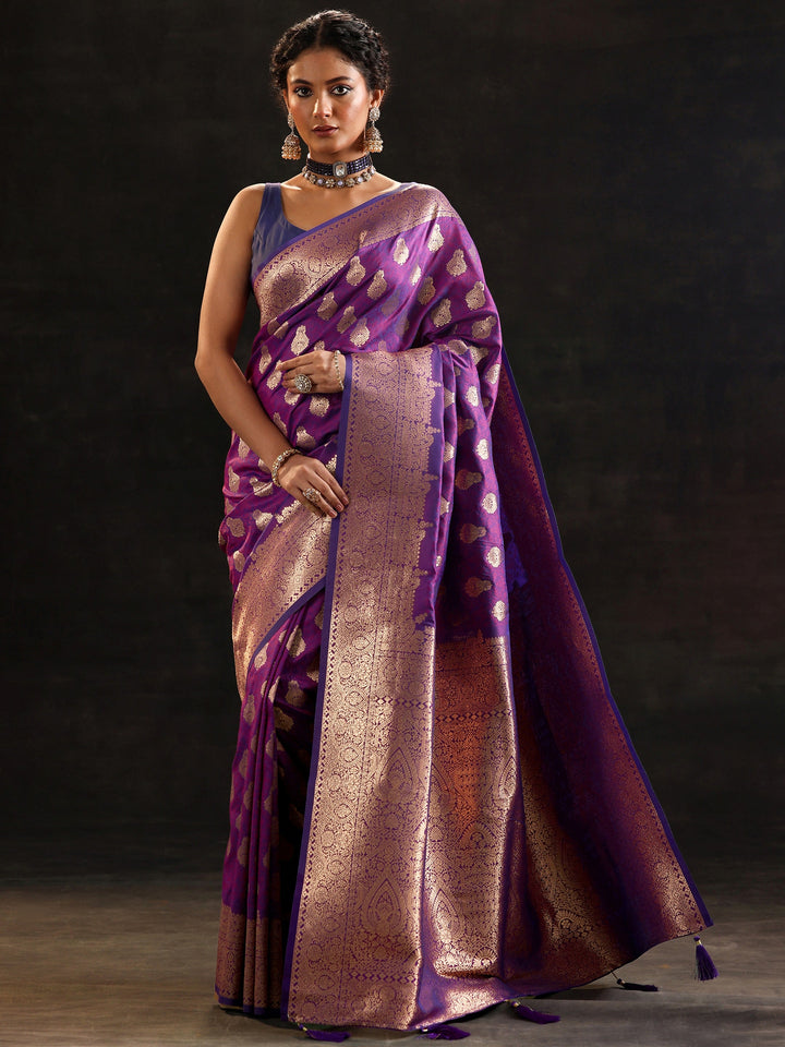Purple Woven Design Silk Blend Saree With Unstitched Blouse Piece