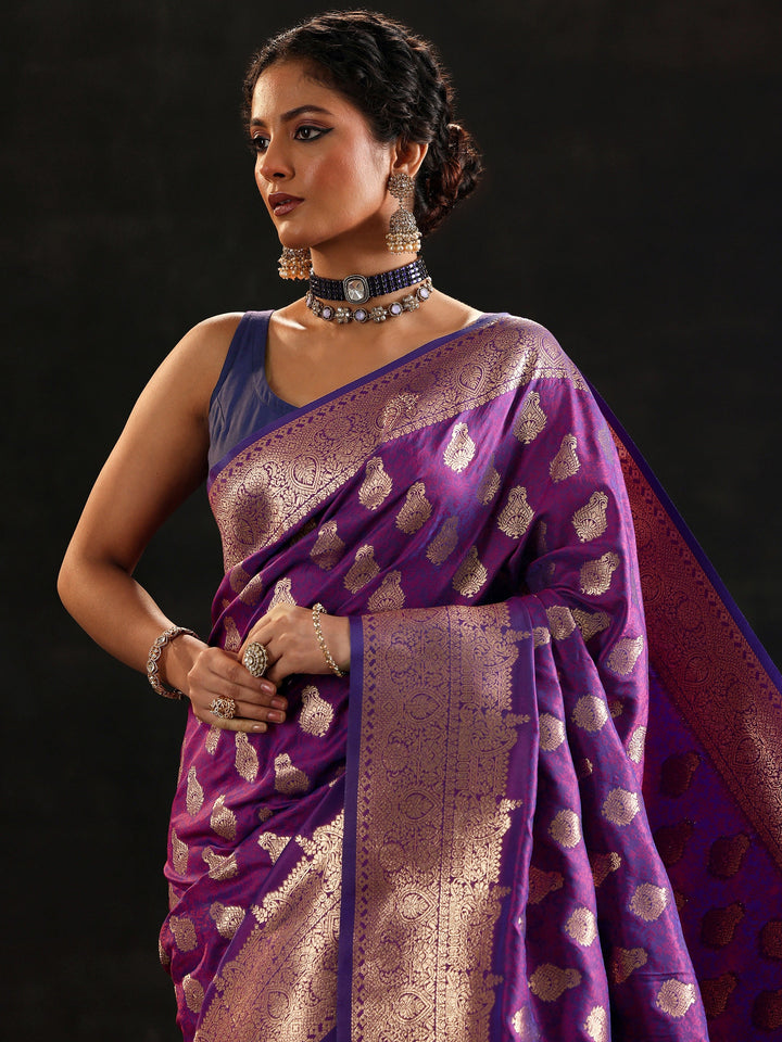 Purple Woven Design Silk Blend Saree With Unstitched Blouse Piece