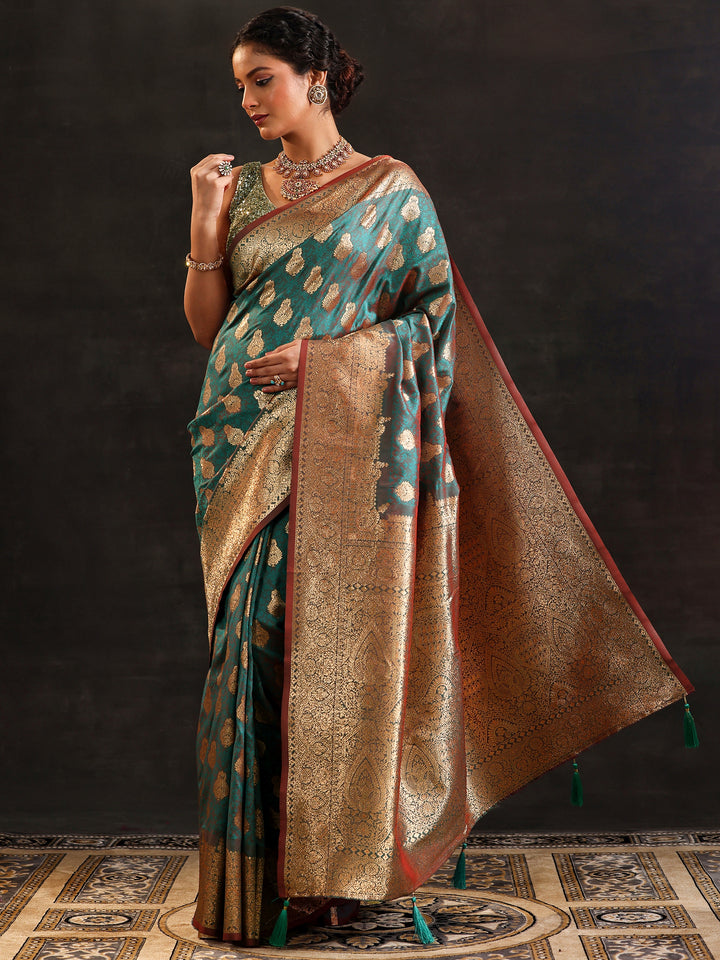 Green Woven Design Silk Blend Saree With Unstitched Blouse Piece