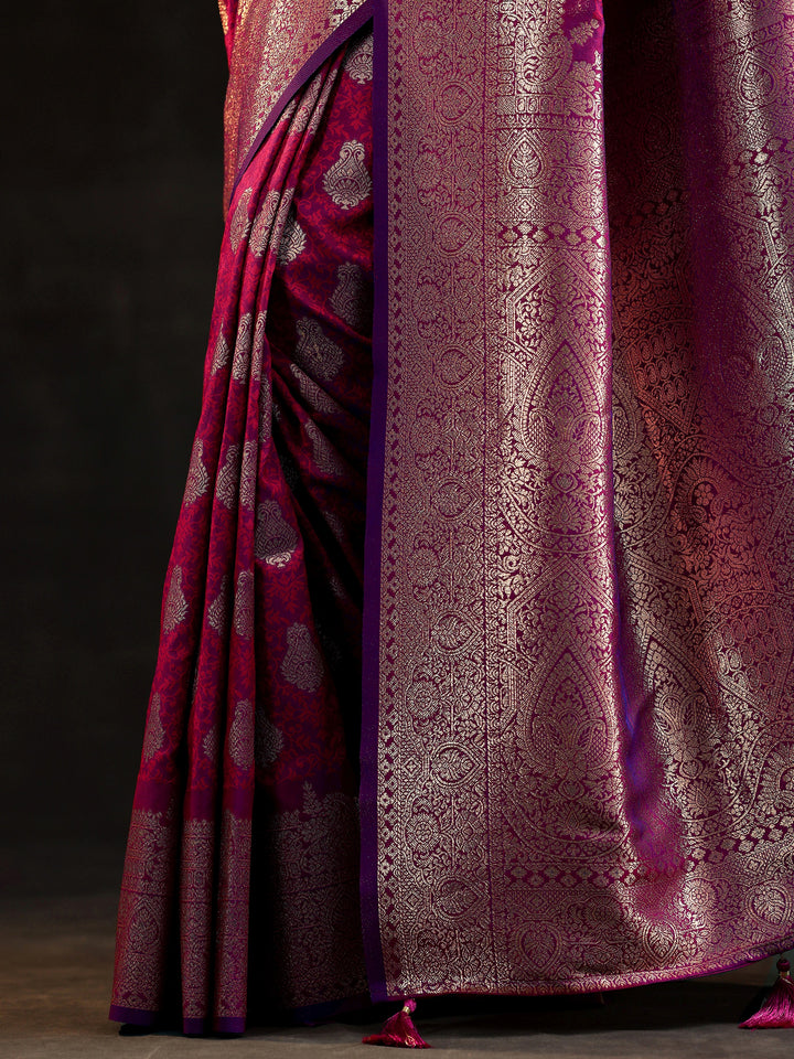 Magenta Woven Design Silk Blend Saree With Unstitched Blouse Piece