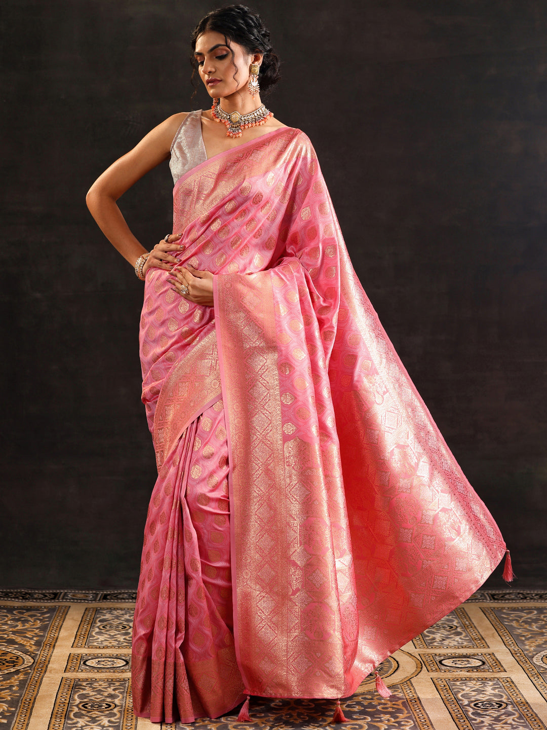 Pink Woven Design Silk Blend Saree With Unstitched Blouse Piece