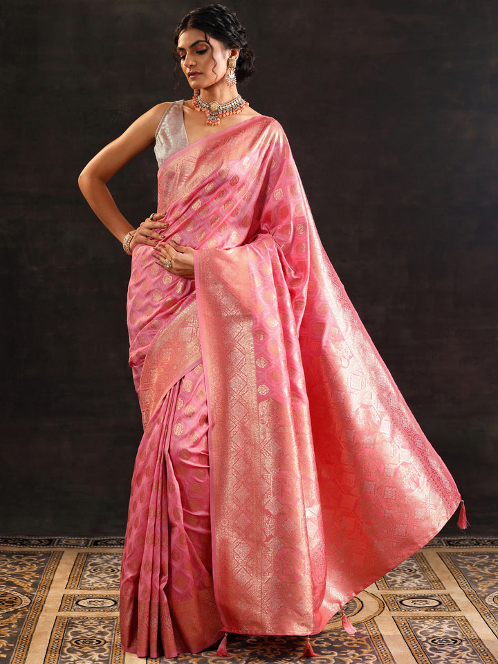 Pink Woven Design Silk Blend Saree With Unstitched Blouse Piece