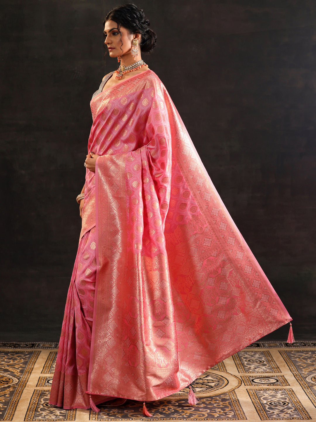 Pink Woven Design Silk Blend Saree With Unstitched Blouse Piece