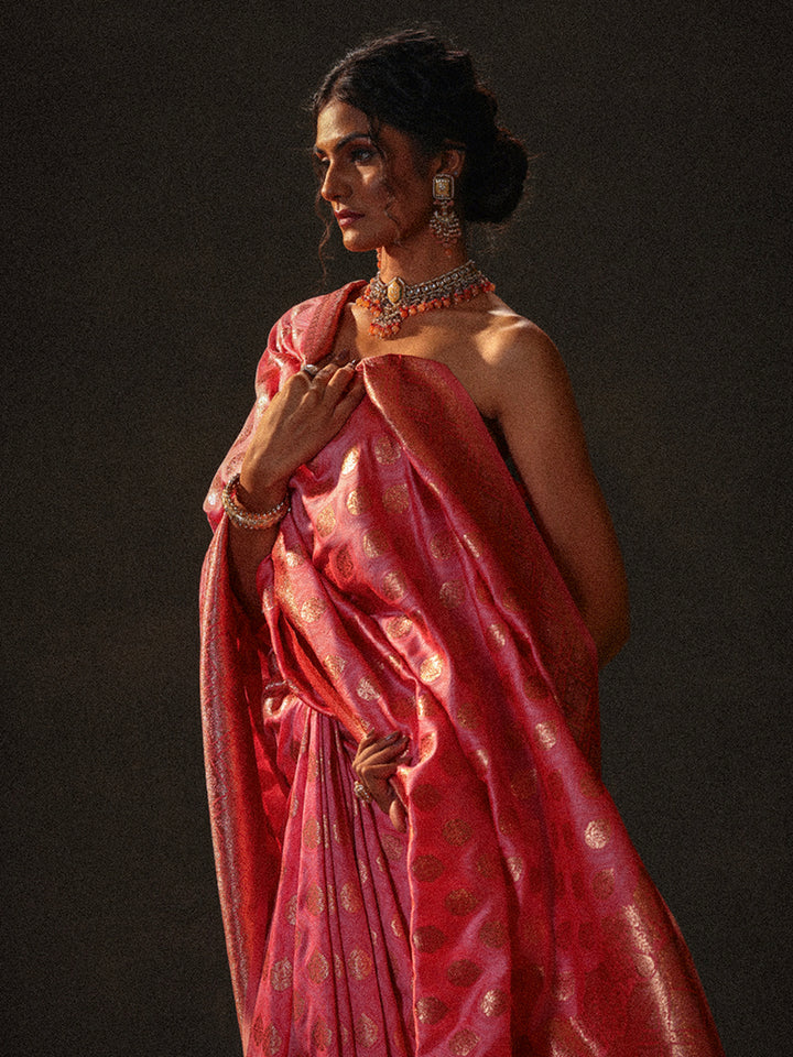 Pink Woven Design Silk Blend Saree With Unstitched Blouse Piece