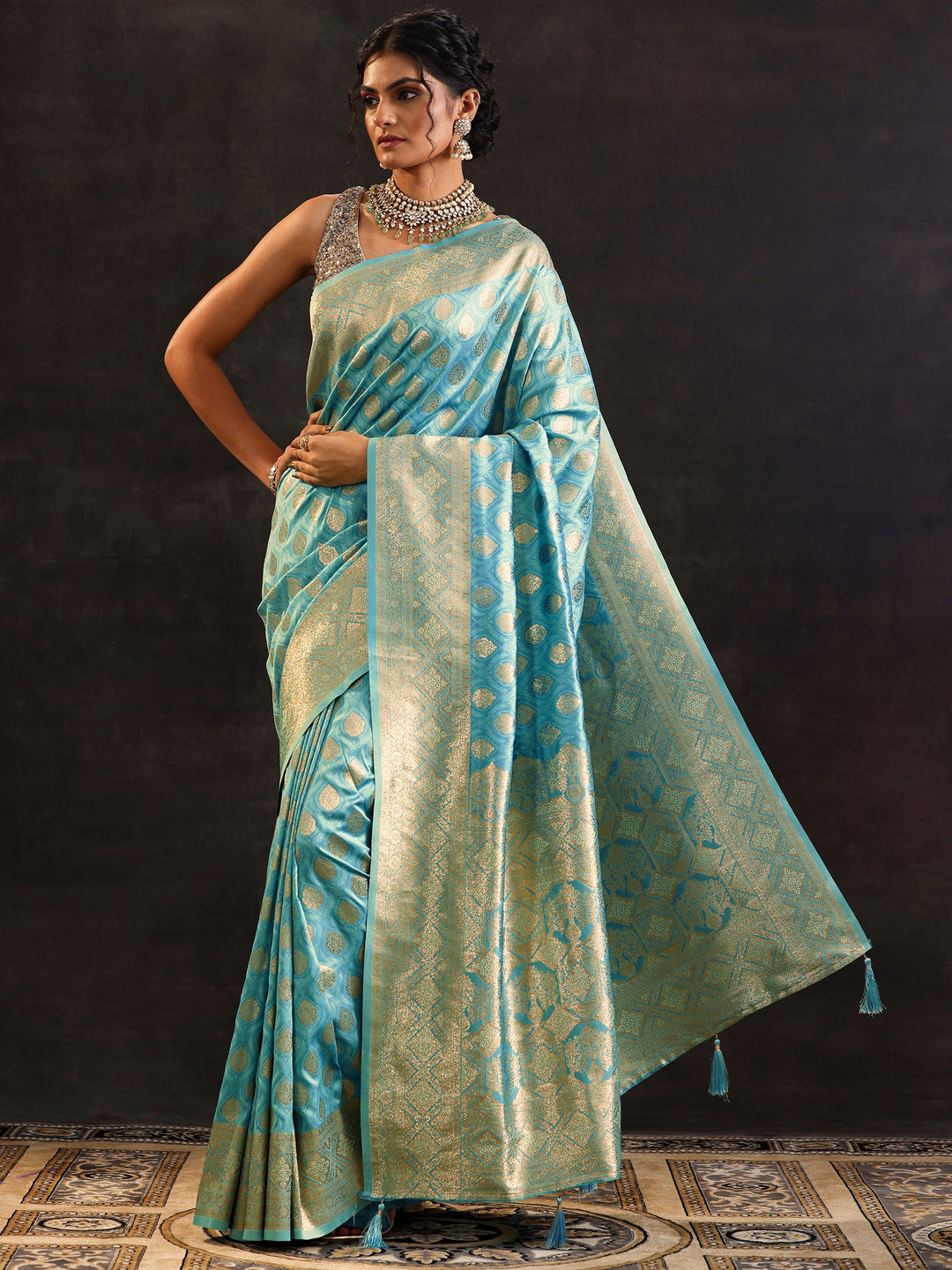 Blue Woven Design Silk Blend Saree With Unstitched Blouse Piece