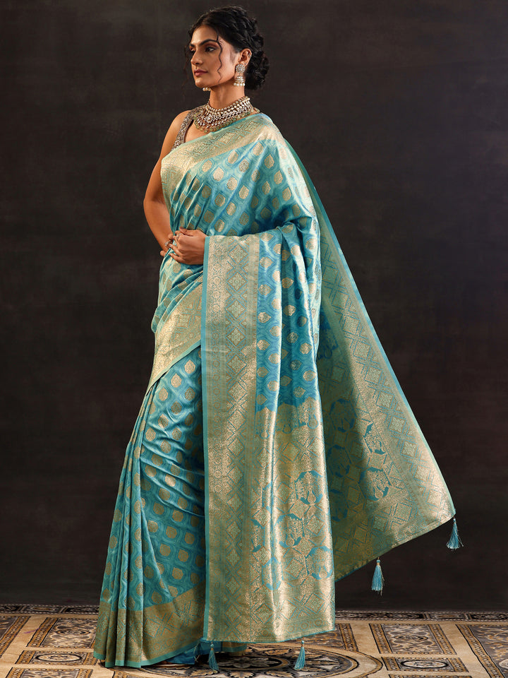 Blue Woven Design Silk Blend Saree With Unstitched Blouse Piece