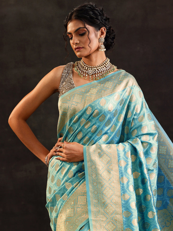 Blue Woven Design Silk Blend Saree With Unstitched Blouse Piece