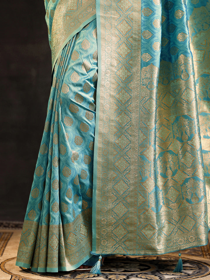 Blue Woven Design Silk Blend Saree With Unstitched Blouse Piece