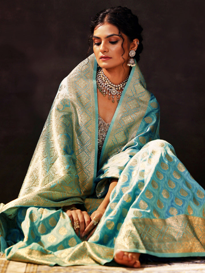 Blue Woven Design Silk Blend Saree With Unstitched Blouse Piece