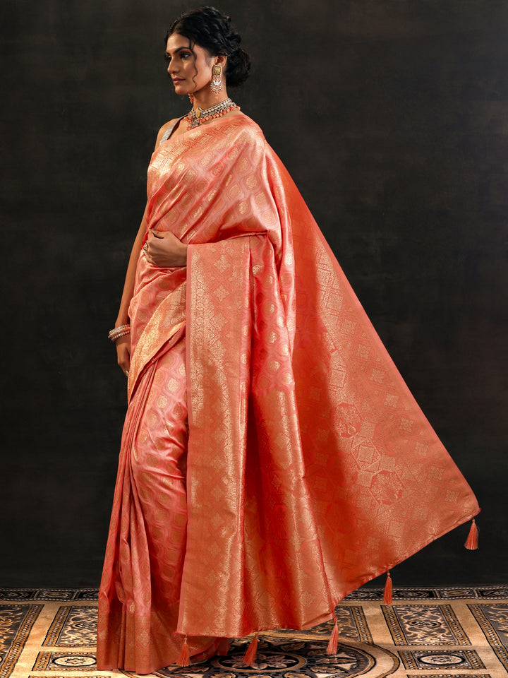 Peach Woven Design Silk Blend Saree With Unstitched Blouse Piece